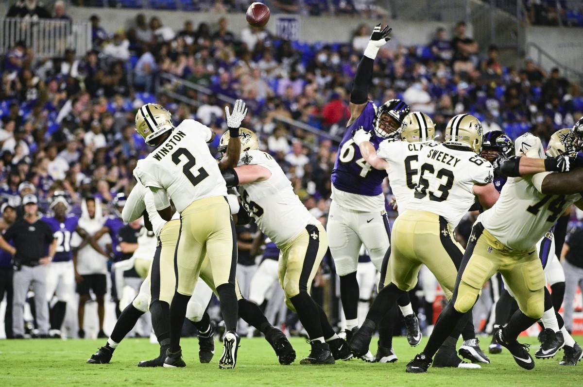 New Orleans Saints quarterback Jameis Winston (2) throws from the pocket against the Baltimore Ravens. Mandatory Credit: Tommy Gilligan-USA TODAY Sports